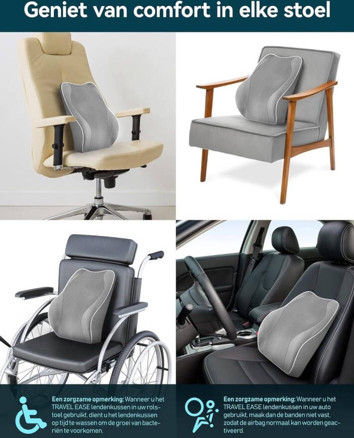 Ergonomisch Lendensteun Kussen Rugleuning van Traagschuim voor Autostoel Bureaustoel Gamestoel Rugleuning met Antistatische Hoes en Dubbele Verstelbare Banden Grijs