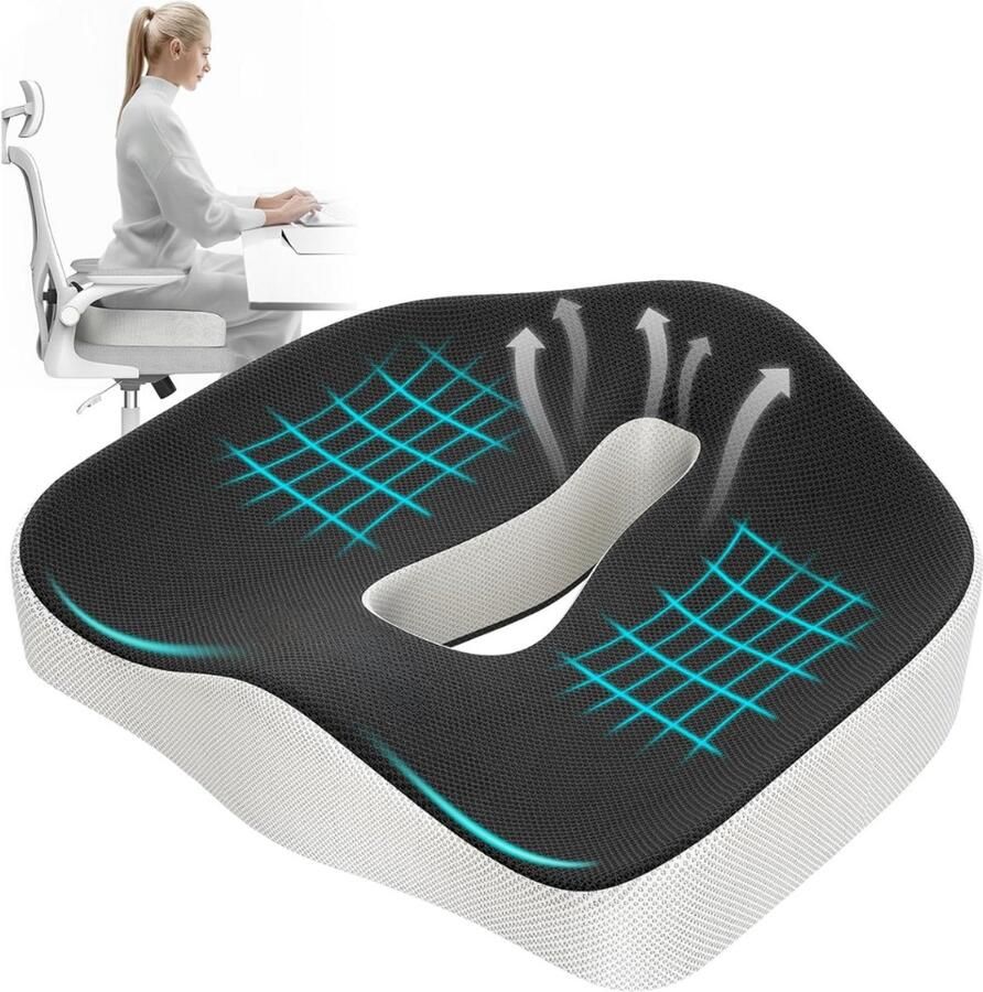 Ergonomisch orthopedisch zitkussen voor bureaustoel en auto stuitbeenkussen met traagschuim voor beter zitcomfort (zwart)