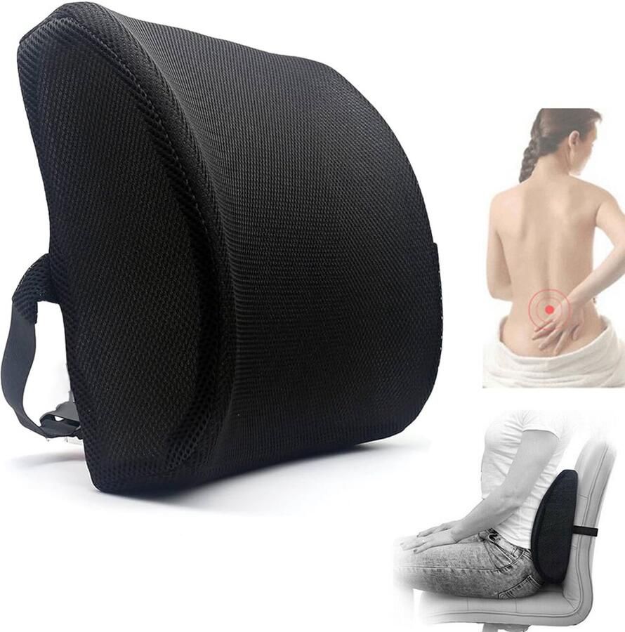 Ergonomisch rugkussen 32*34 cm Met riem Rugsteun Orthopedisch rugkussen Lendensteun Rugsteun Auto Rugondersteuning Onderrugondersteuning Lendenkussen Ergonomisch Traagschuim Geschikt voor Bureaustoel Auto Bed Bank Zwart