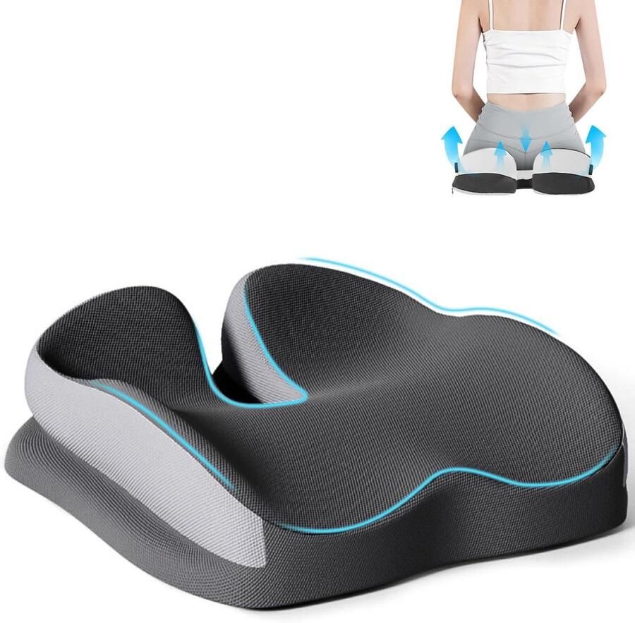 Ergonomisch traagschuim zitkussen voor bureaustoel en rolstoel met drukontlasting voor heupen en stuitbeen