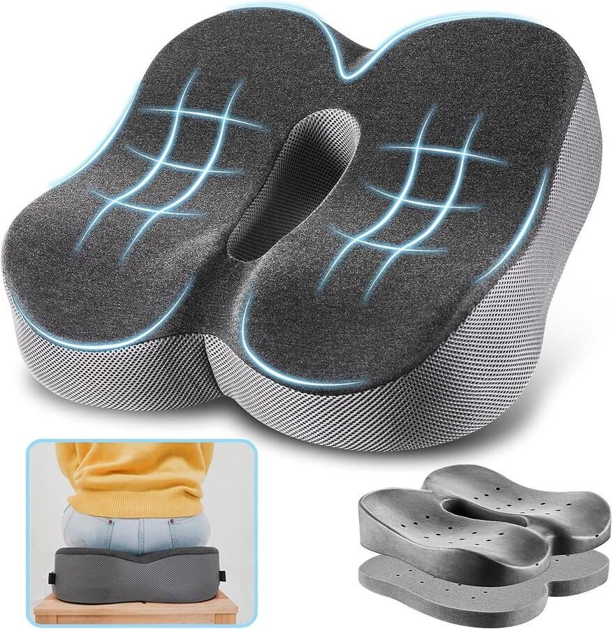 Ergonomisch traagschuim zitkussen voor bureaustoel in hoogte verstelbaar 2 hardheidsgraden anti-aambeien stuitbeenkussen zwart - Foto 2