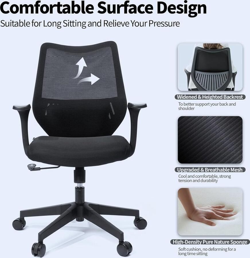 Ergonomische bureaustoel 360° comfortabele draaibare stoel ，computerbureaustoel ademend mesh rugleuning lendensteun PU-wielen kantelfunctie in hoogte verstelbare (zwart)