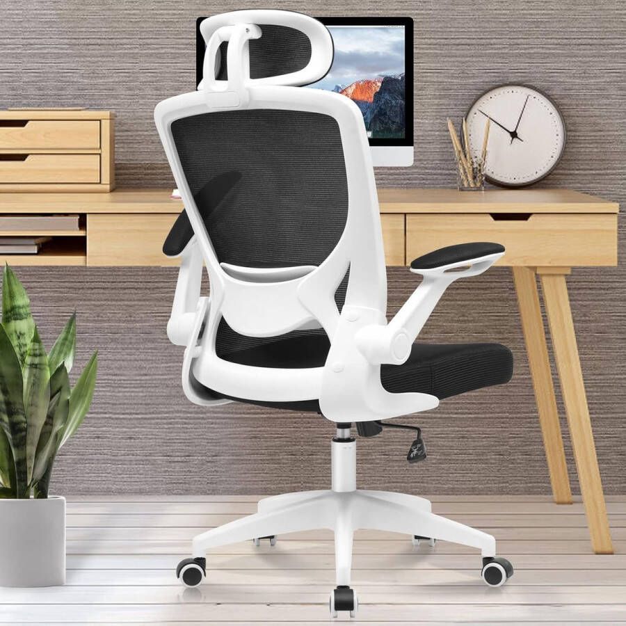 Ergonomische bureaustoel ademende bureaustoel met verstelbare hoofdsteun armleuningen draaistoel schommelfunctie tot 135° mesh directiestoel