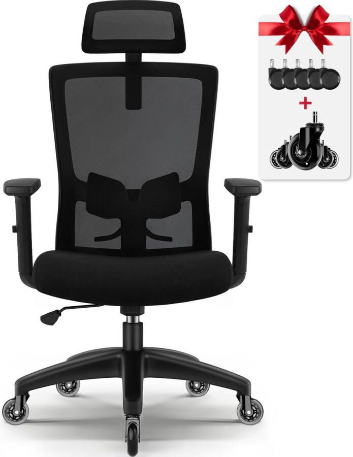 Ergonomische Bureaustoel Bureaustoelen met Verstelbare Hoofdsteun Armleuningen en Lendensteun-Office Chair met Schommelend Achteroverleunen tot 135° Geschikt voor Volwassenen tot 150kg Belasting Zwart