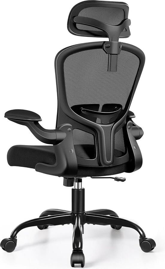 Ergonomische bureaustoel computerstoel verstelbare lendensteun 3D-hoofdsteun en inklapbare armleuningen ademende mesh-rugleuning 100 kg (zwart)