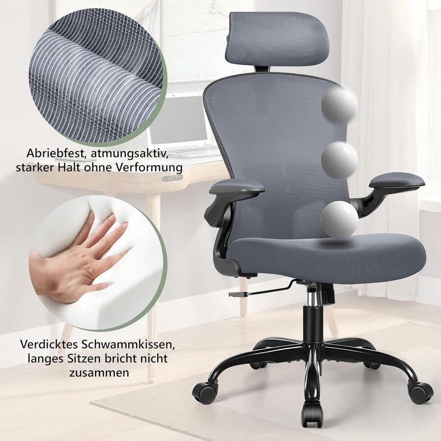 Ergonomische bureaustoel computerstoel verstelbare lendensteun 3D-hoofdsteun en inklapbare armleuningen ademende mesh-rugleuning 100 kg (donkergrijs)