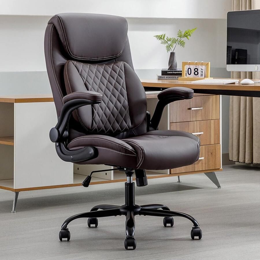 Ergonomische bureaustoel directiestoel met hoge rugleuning schommelfunctie bureaustoel voor kantoor flats computerstoel in hoogte verstelbare draaistoel bruin