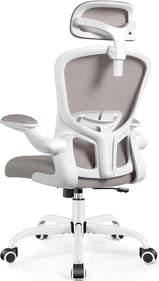 Ergonomische bureaustoel draaistoel 3D-hoofdsteun en inklapbare armleuningen verstelbare lendensteun computerstoel ademende mesh-rug 100 kg (grijs)