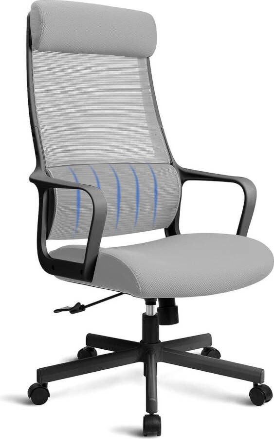 Ergonomische bureaustoel hoge rugleuning met lendensteun en hoofdsteun draaistoel 48-54 cm gasveer bureaustoel en armleuningen tot 150 kg 330 lb laadvermogen grijs