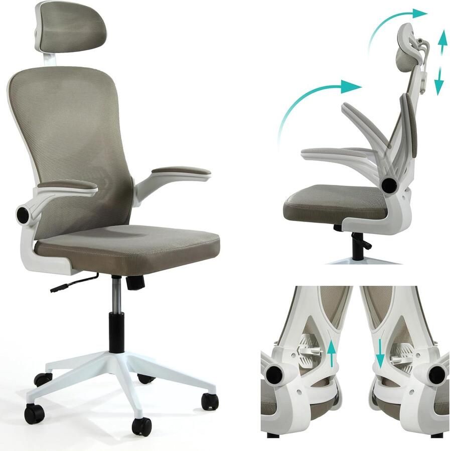 Ergonomische Bureaustoel Lichtgrijs met Lendensteun en Inklapbare Armleuningen voor Comfort en Ondersteuning