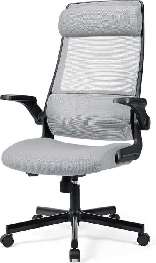 Ergonomische bureaustoel mesh bureaustoel met opklapbare armleuningen computerdraaistoel met verstelbare hoofdsteunarmen en lendensteun schommelfunctie donkergrijs