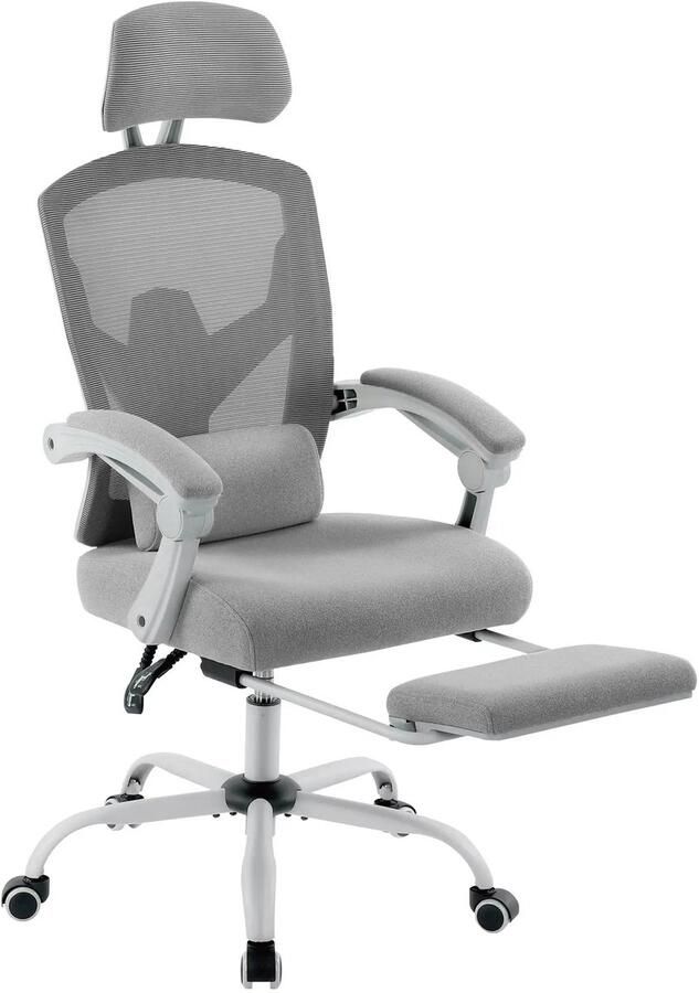 Jhk Ergonomische Bureaustoel – Mesh Rugleuning met Lendensteun Verstelbare Hoofdsteun & Uitschuifbare Voetensteun – Kantelbaar 90°–135° – Verstelbare Gaming & Kantoorstoel met Wielen – Grijs TELEO