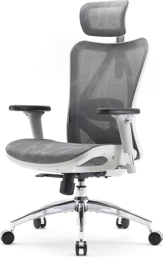Ergonomische bureaustoel met 3-weg armleuningen lendensteun verstelbare hoofdsteun hoge rug en kantelfunctie Wit