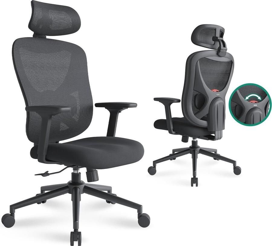 Ergonomische Bureaustoel met 3D-lendensteun en Hoofdsteun Draaibare Hoge Rugleuning