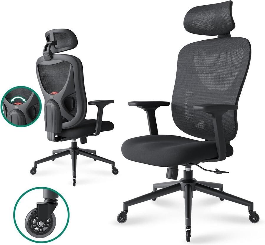 Ergonomische bureaustoel met 3D-lendensteun en verstelbare hoofdsteun zwart rubberen wielen ergonomische armleuning verstelbare rugleuning Bureaustoel