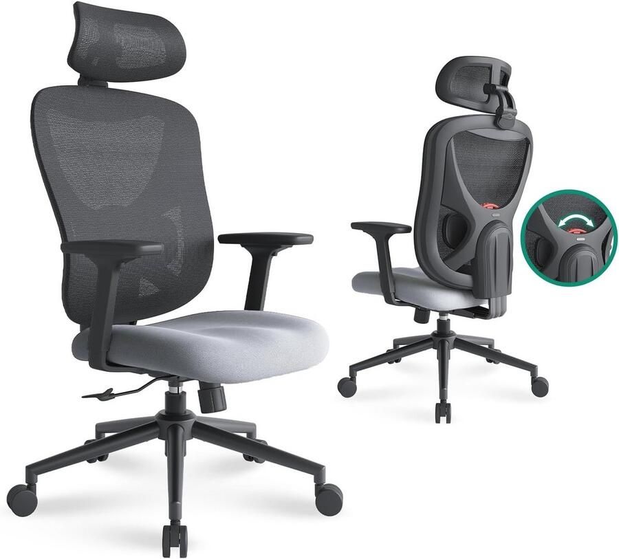 Ergonomische bureaustoel met 3D-lendensteun verstelbare hoofdsteun en hoge rugleuning Draaibaar grijs
