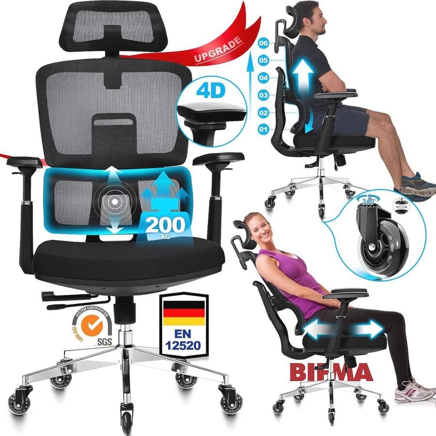 Ergonomische Bureaustoel met 4D Armleuningen en Stille Wielen Tot 200 kg Belastbaar Verstelbare Rugleuning en Zitdiepte