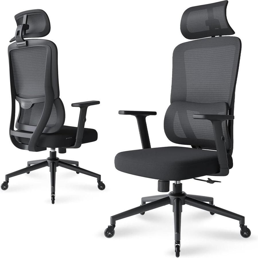 Ergonomische bureaustoel met automatische lendensteun en verstelbare hoofdsteun 2D-armleuning voor thuis rubberen wielen zwart Bureaustoel