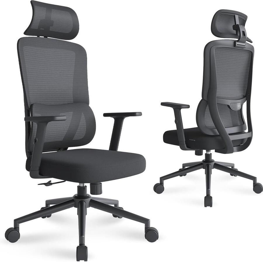 Ergonomische bureaustoel met automatische lendensteun en verstelbare hoofdsteun Zwart