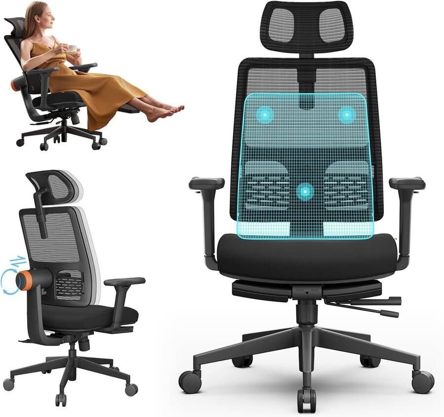 Ergonomische bureaustoel met dynamische lendensteun- zitdiepte en hoogteverstelling- voor thuisgebruik- 4D-armleuning en voetensteun (zwart) Bureaustoel