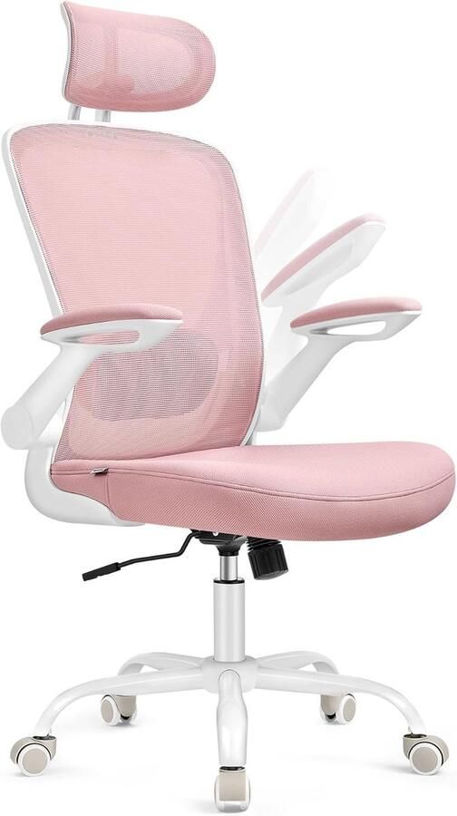 Songmics Ergonomische bureaustoel draaistoel met gaas gewatteerde lendensteun schommelfunctie zitting van 53 cm opklapbare armleuningen hoofdsteun pastelroze