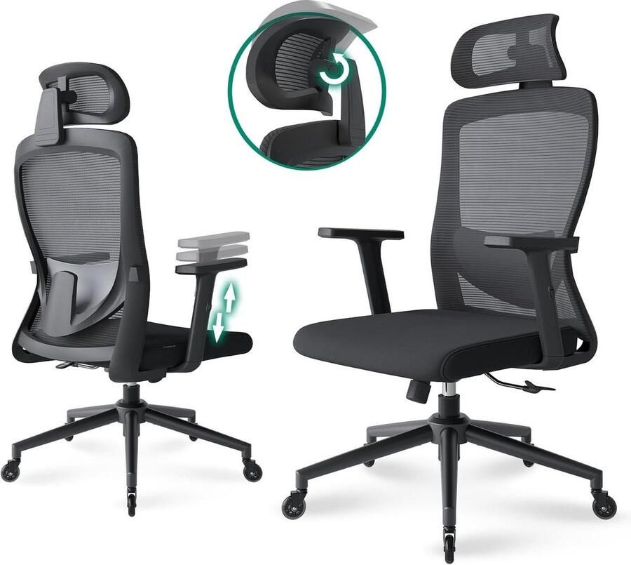 Ergonomische bureaustoel met hoge rugleuning en verstelbare lendensteun 2D hoofdsteun en armleuning 113 graden draaibare netweefsel bureaustoel rubberen wielen zwart Bureaustoel
