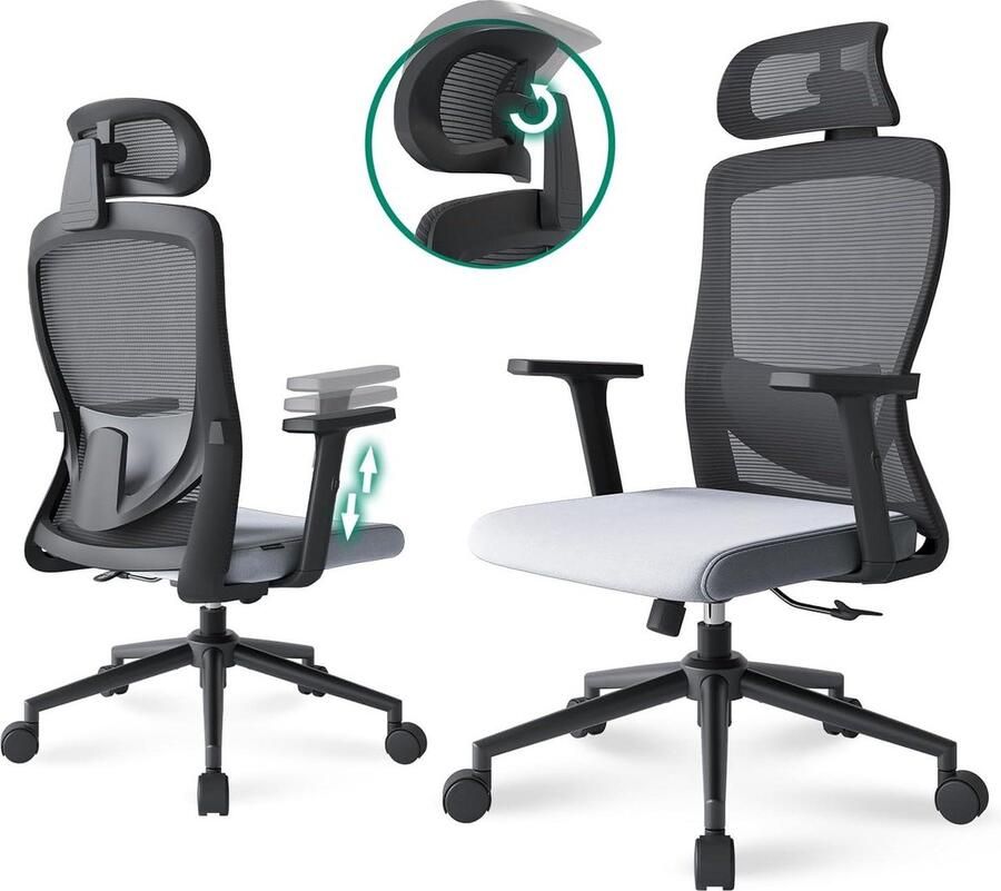 Ergonomische bureaustoel met hoge rugleuning en verstelbare lendensteun 2D hoofdsteun en armleuning 113 graden draaibare netweefsel bureaustoel grijs. Bureaustoel