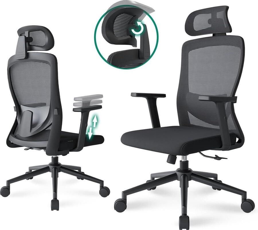 Ergonomische bureaustoel met hoge rugleuning en verstelbare lendensteun 2D hoofdsteun en armleuning 113 graden draaibare netweefsel bureaustoel rubberen wielen zwart Bureaustoel