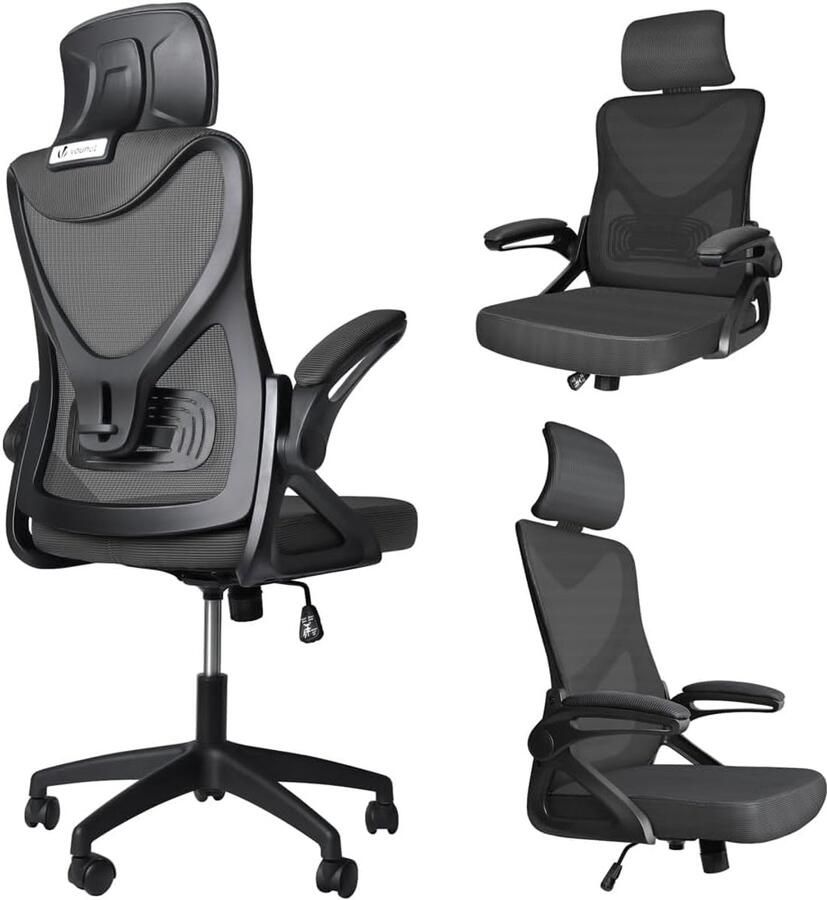 Ergonomische bureaustoel met hoge rugleuning en verstelbare lendensteun voor het thuiskantoor Zwart