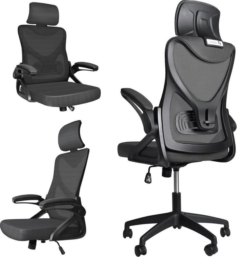 Ergonomische bureaustoel met hoge rugleuning en verstelbare lendensteun zwart