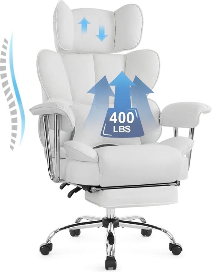 Ergonomische bureaustoel met hoge rugleuning lendenkussen en voetensteun Verstelbare en comfortabele managersstoel (wit)