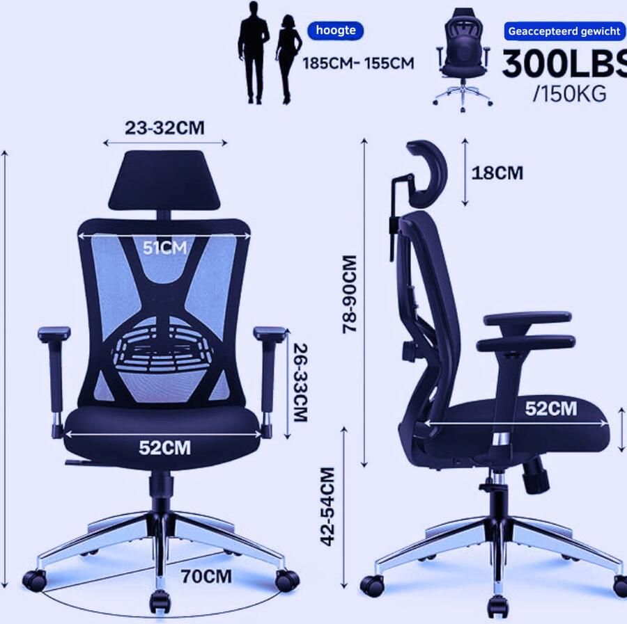 Ergonomische Bureaustoel Met Hoge Rugleuning Verstelbare Lendensteun En Hoofdsteun 3D Metalen Armleuningen & 130° Schommelfunctie Comfortabele Mesh Bureaustoel - Foto 2