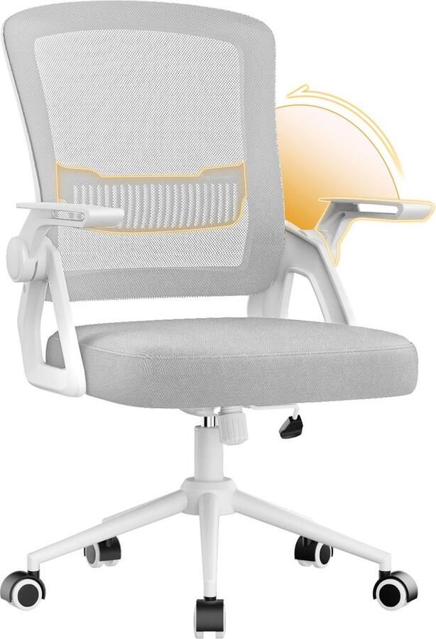 Ergonomische bureaustoel met inklapbare armleuningen In hoogte verstelbare bureaustoel Ergonomische ademende mesh met lendensteun 360° draaibare wielen Grijs