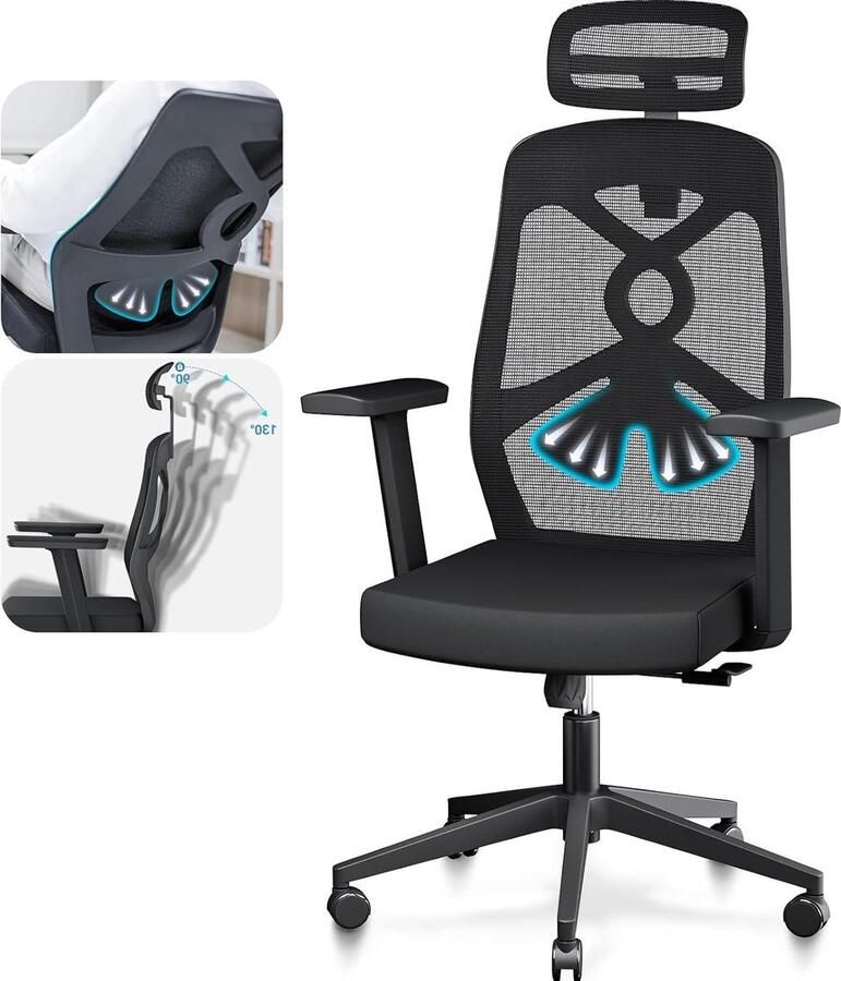 Ergonomische Bureaustoel met Kantelfunctie en Verstelbare Hoofdsteun In Hoogte Verstelbare Armleuningen en Netrugleuning Ergonomische Kantoorstoel