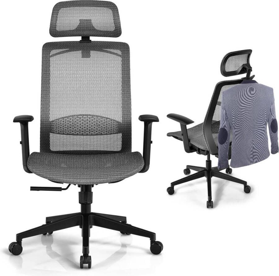 Ergonomische bureaustoel met kleerhanger verstelbare lendensteun hoofdsteun en armleuningen computerstoel draaistoel op mesh kantelfunctie tot 130 graden (grijs)