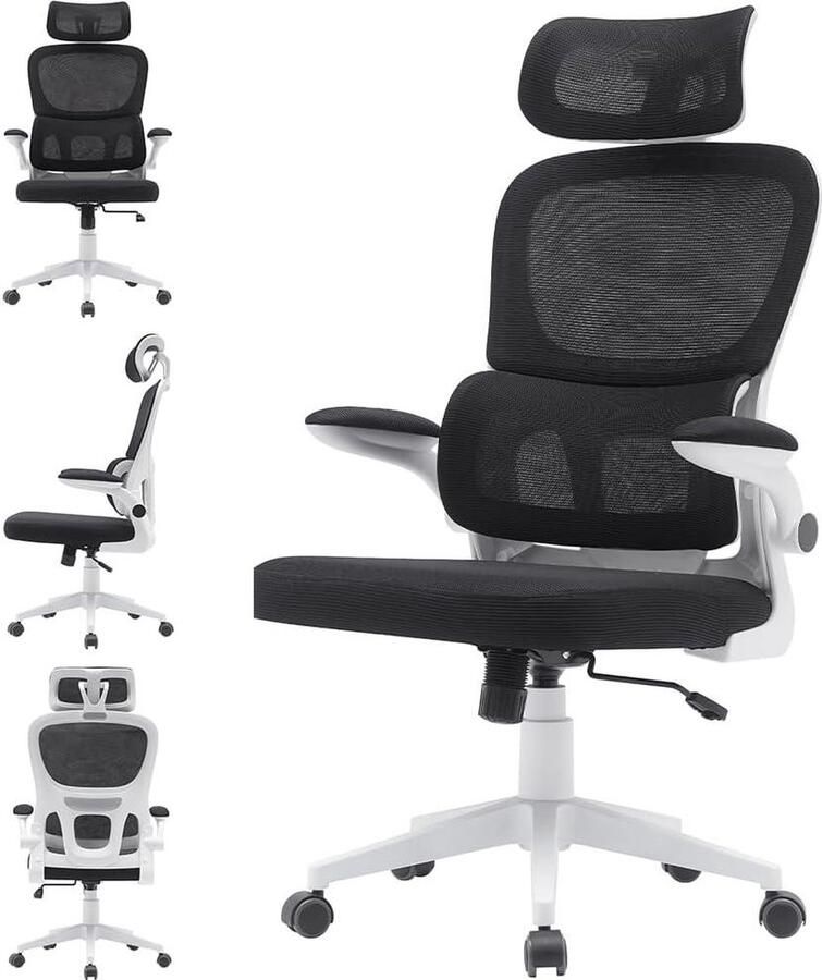 Ergonomische bureaustoel met lendensteun en hoofdsteun Draaibare bureaustoel in hoogte verstelbaar Ademende stof met zweetbescherming Zwart