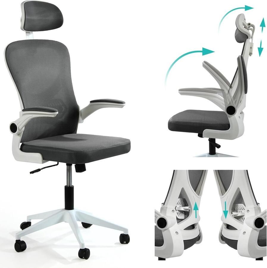 Ergonomische Bureaustoel Met Lendensteun en Inklapbare Armleuningen – Donkergrijs