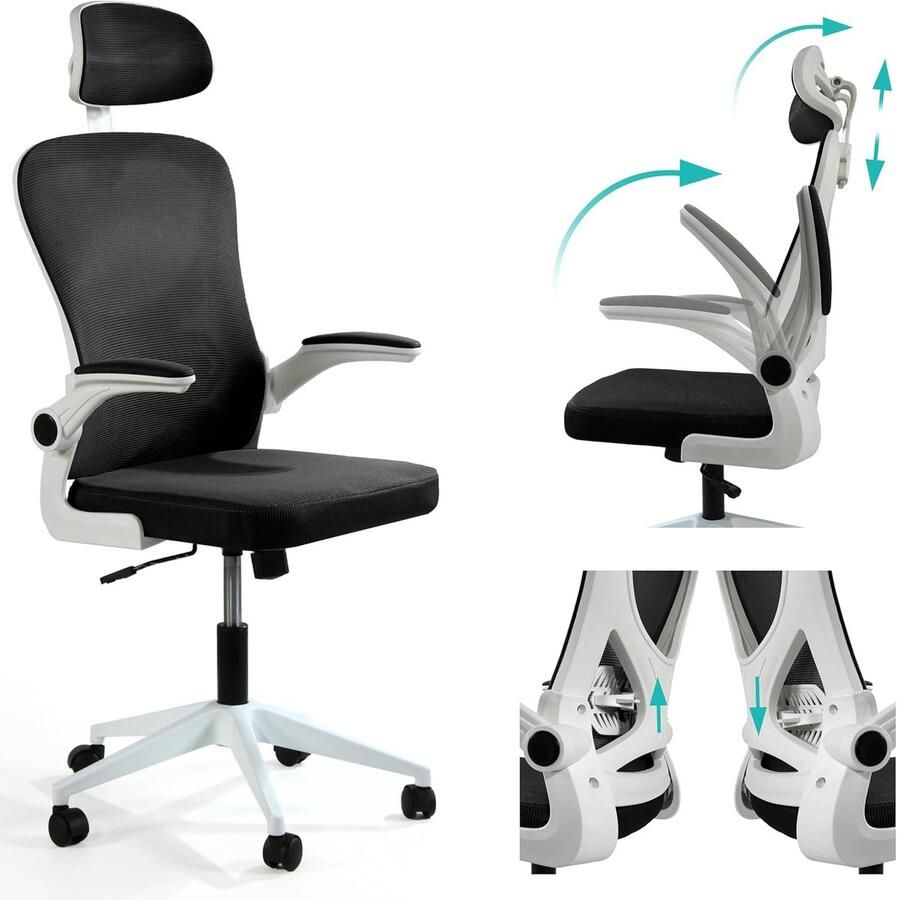 Ergonomische bureaustoel met lendensteun en inklapbare armleuningen zwart