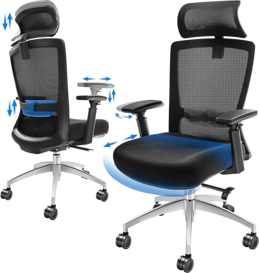 Ergonomische bureaustoel met lendensteun Hoofdsteun Verstelbare armleuningen Brede verstelbare bureaustoel Comfortabele schuifzitting Zwenkwielen Thuiskantoor Bureaustoel