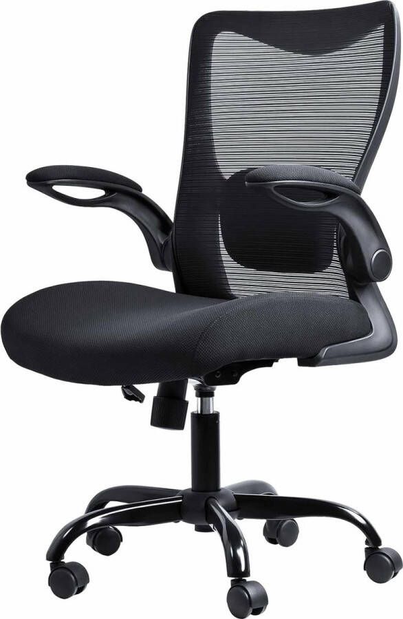 Ergonomische bureaustoel met opklapbare armleuningen bureaustoel met verstelbare lendensteun directiestoel draaistoel tot 150 kg draagvermogen pc-stoel computerstoel zwart stof