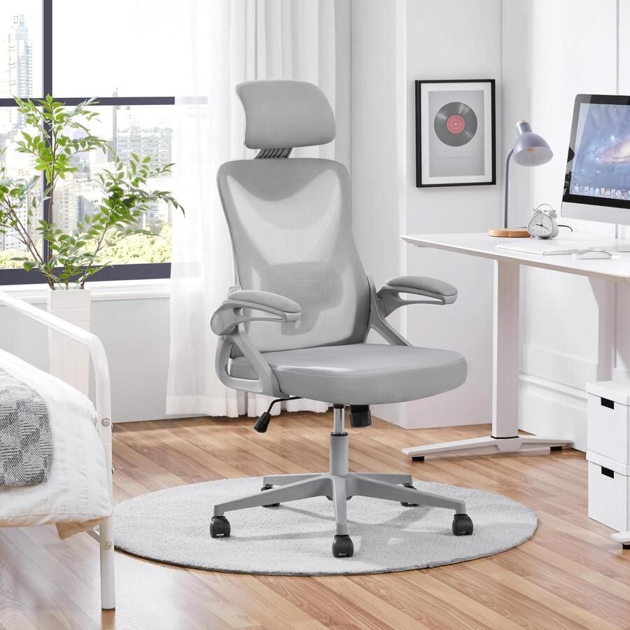 Ergonomische bureaustoel met opklapbare armleuningen draaistoel met rugleuning en verstelbare hoofdsteun tot 136 kg belastbaar grijs