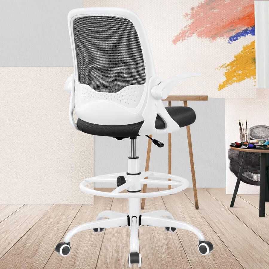 Ergonomische bureaustoel met opklapbare armleuningen in hoogte verstelbare draaistoel met voetsteunring directiestoel met 100 kg draagvermogen