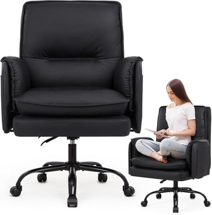 Ergonomische Bureaustoel met PU Leer en Dikke Kussen Hoogte Verstelbaar Zwenkfunctie en Armleuningen