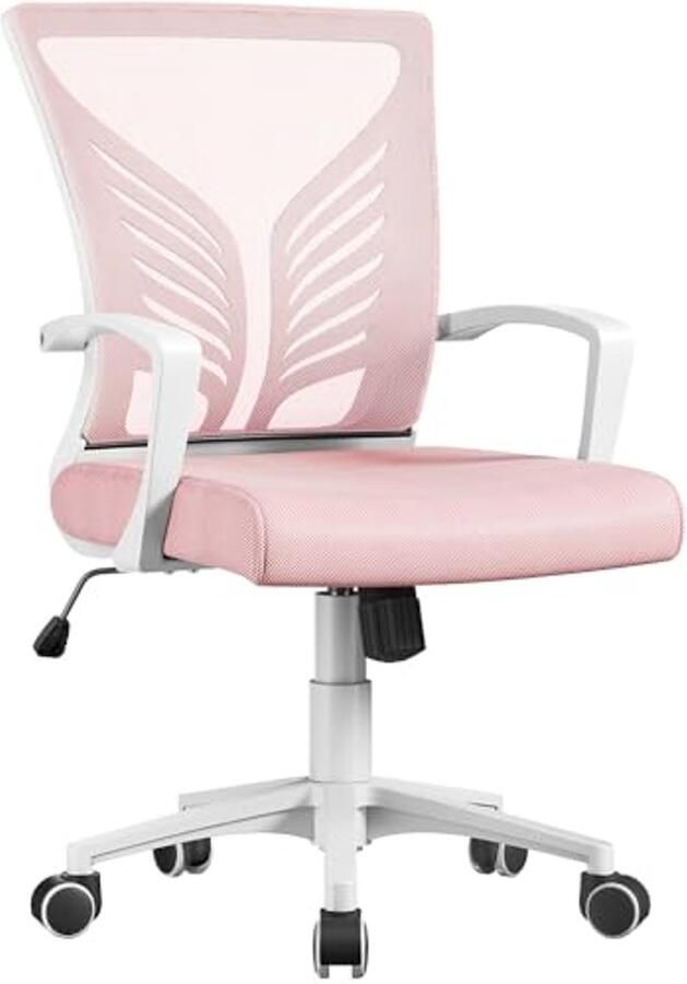 Ergonomische Bureaustoel met Schommelfunctie en Gevoerd Zitkussen Draaistoel voor Kantoor en Werkkamer Lichtroze