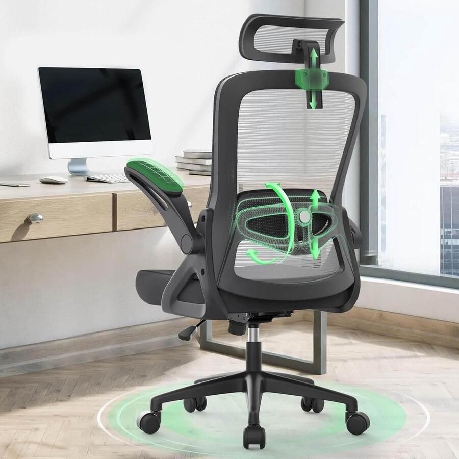 Ergonomische bureaustoel met verstelbaar kussen Bureaustoel lendensteun gevoerde armleuning hoofdsteun comfort draaistoel