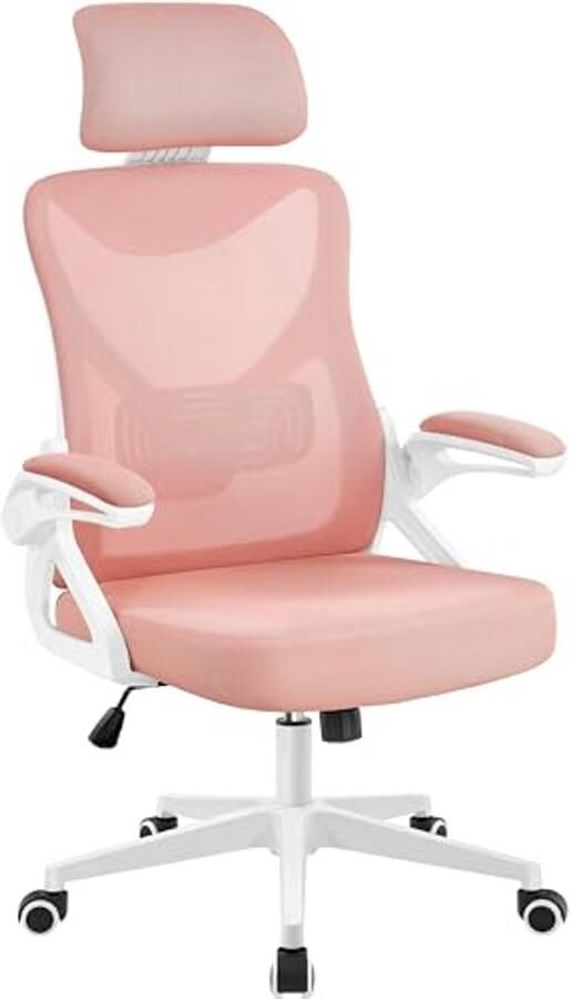Ergonomische Bureaustoel met Verstelbare Armleuningen en Hoofdsteun – Draaistoel voor Thuis en Kantoor Tot 136 kg Wit Roze