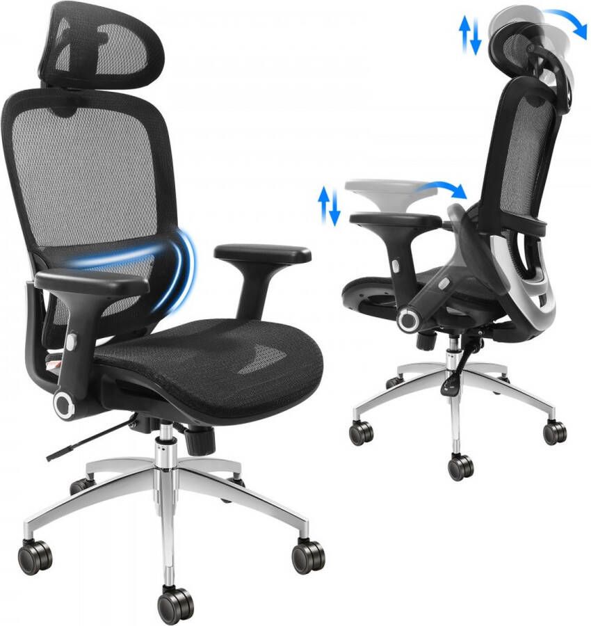 ergonomische bureaustoel met verstelbare hoofdsteun 80 mm met armleuningen lendensteun draaistoel schommelfunctie directiestoel van gaas rugvriendelijk bureaustoel 130 kg
