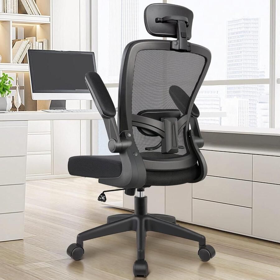 Ergonomische bureaustoel met verstelbare hoofdsteun en armleuningen lendensteun hoge rug draagvermogen 136 kg (zwart)