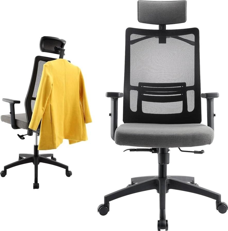 Ergonomische bureaustoel met verstelbare hoofdsteun en armleuningen lendensteun kantelfunctie managersstoel van mesh rugvriendelijk 360° draaistoel tot 150 kg