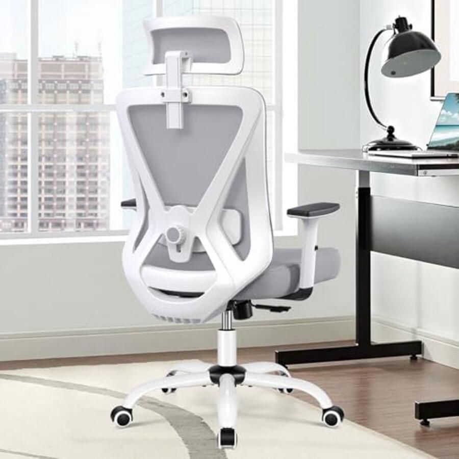 Ergonomische Bureaustoel met Verstelbare Hoofdsteun en Lendensteun Draaistoel met Schommelfunctie tot 130 Graden Belastbaarheid 150 kg